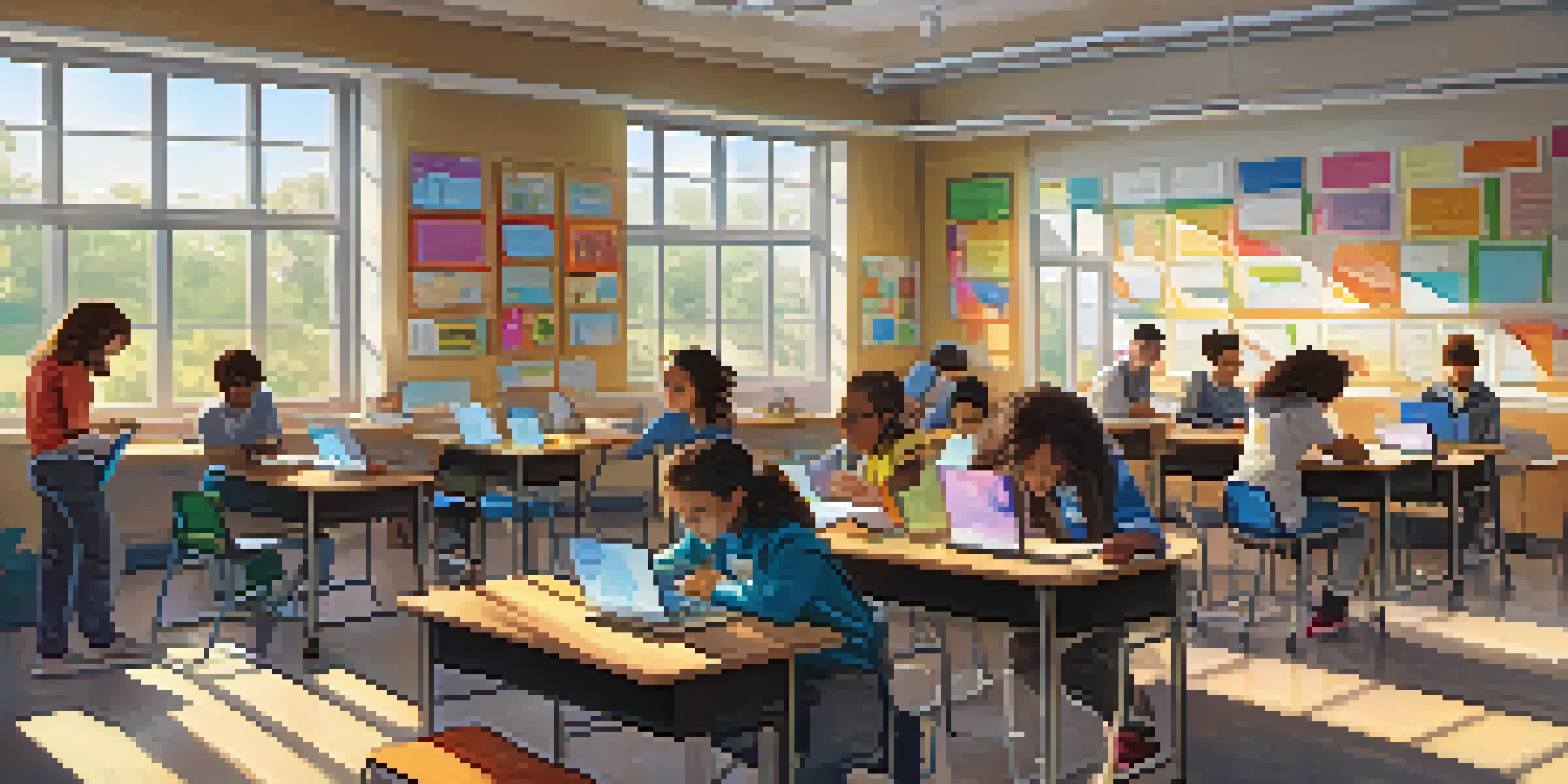 A diverse group of students in a colorful classroom engaged in various projects, using technology, with sunlight streaming in.