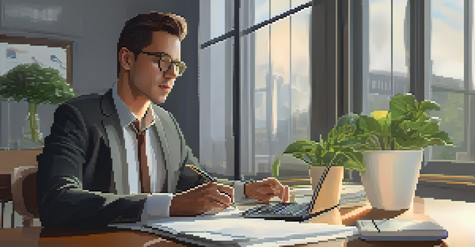 A person analyzing financial options with a notepad, calculator, and laptop at a table, surrounded by soft lighting.