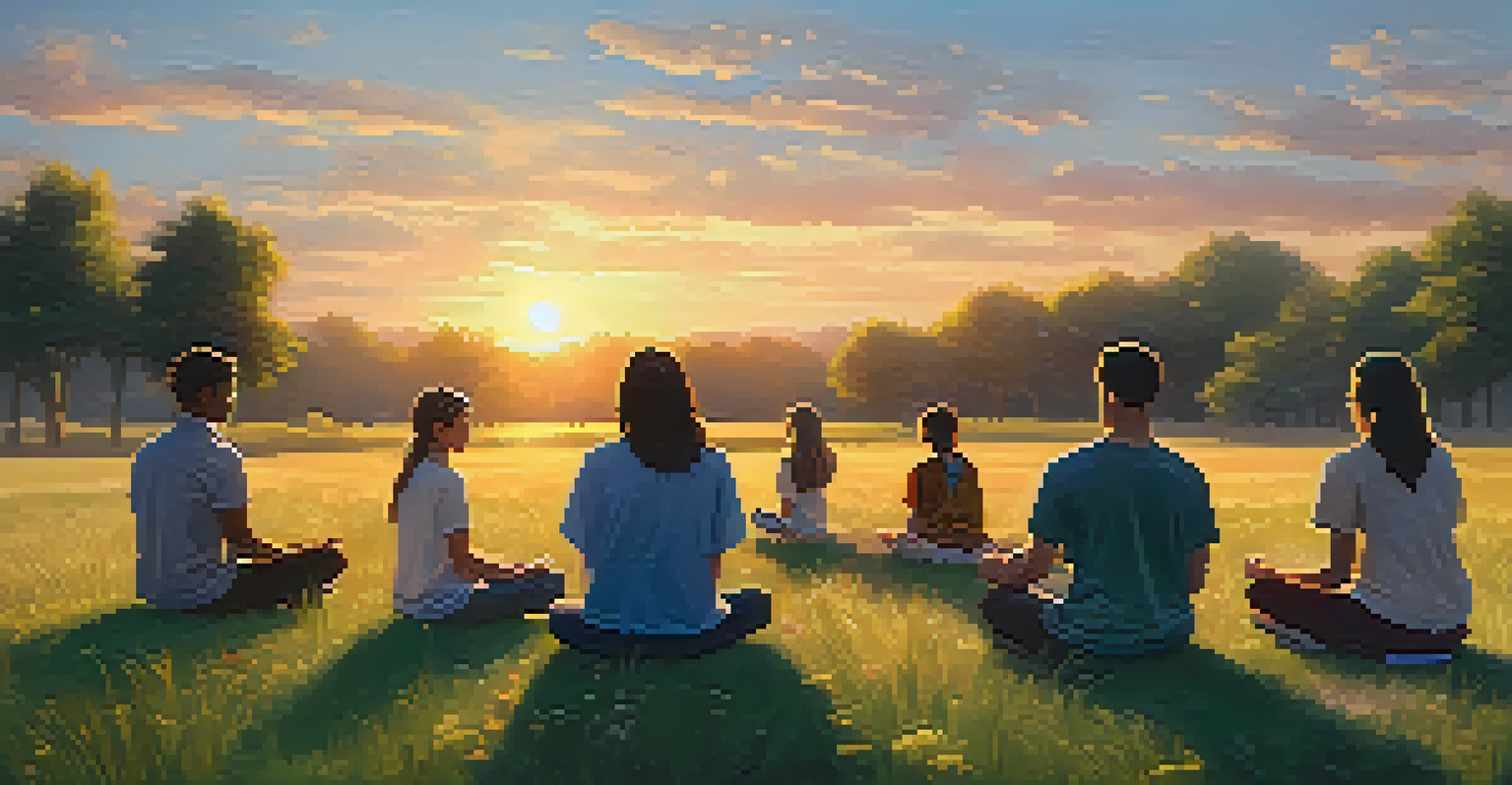 A group of students seated in a circle on a grassy field, practicing mindfulness meditation during sunset, surrounded by blooming flowers and trees.