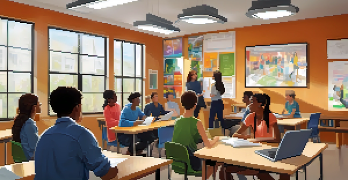 A modern classroom where students of different backgrounds are collaborating on group discussions with a teacher facilitating nearby.