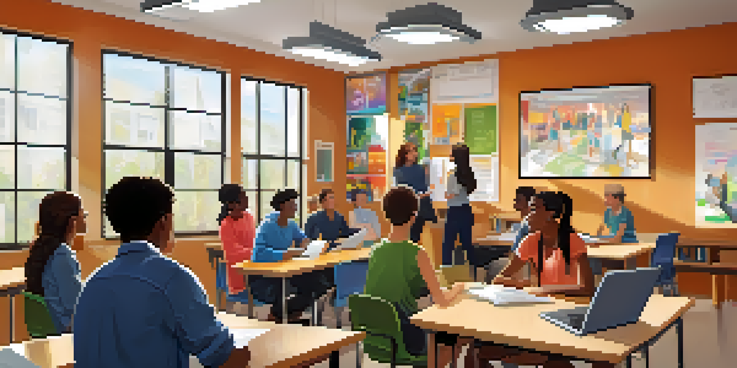 A modern classroom where students of different backgrounds are collaborating on group discussions with a teacher facilitating nearby.