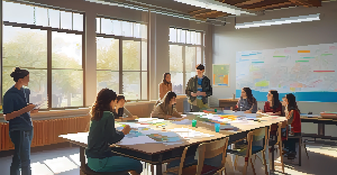 A bright classroom where diverse students are collaborating on a learning activity, surrounded by educational posters.
