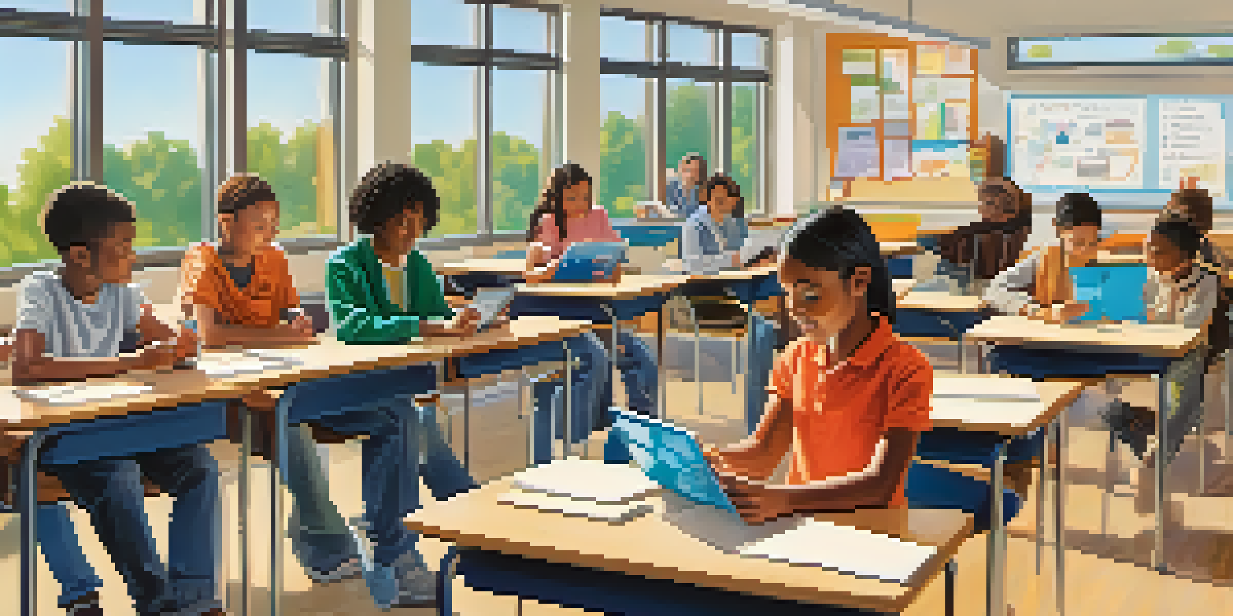 A bright classroom with diverse students using tablets and smartphones for learning, with a teacher facilitating a group discussion.