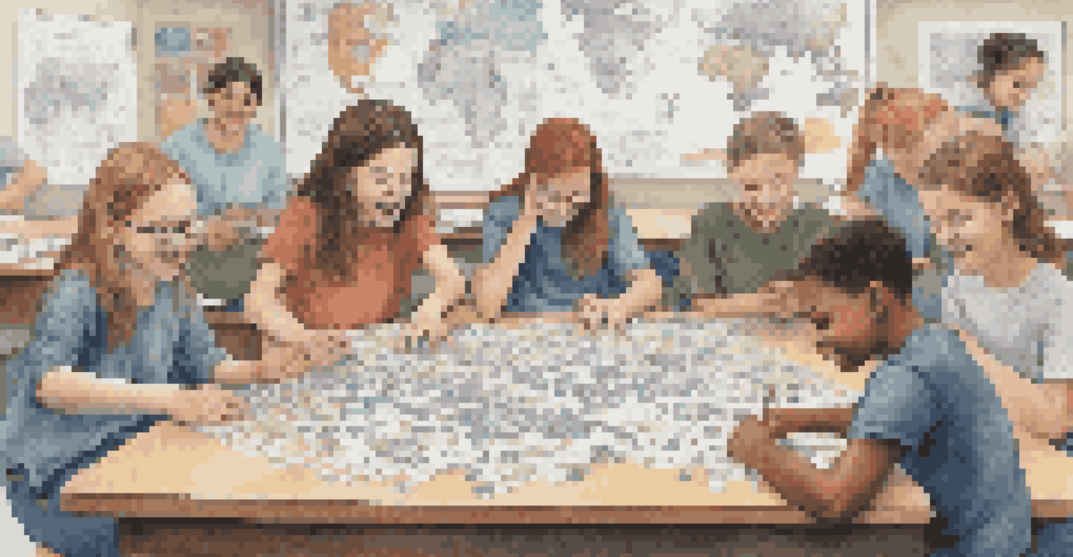 Students working together on a jigsaw puzzle in a collaborative learning setting, with a chalkboard filled with educational notes in the background.