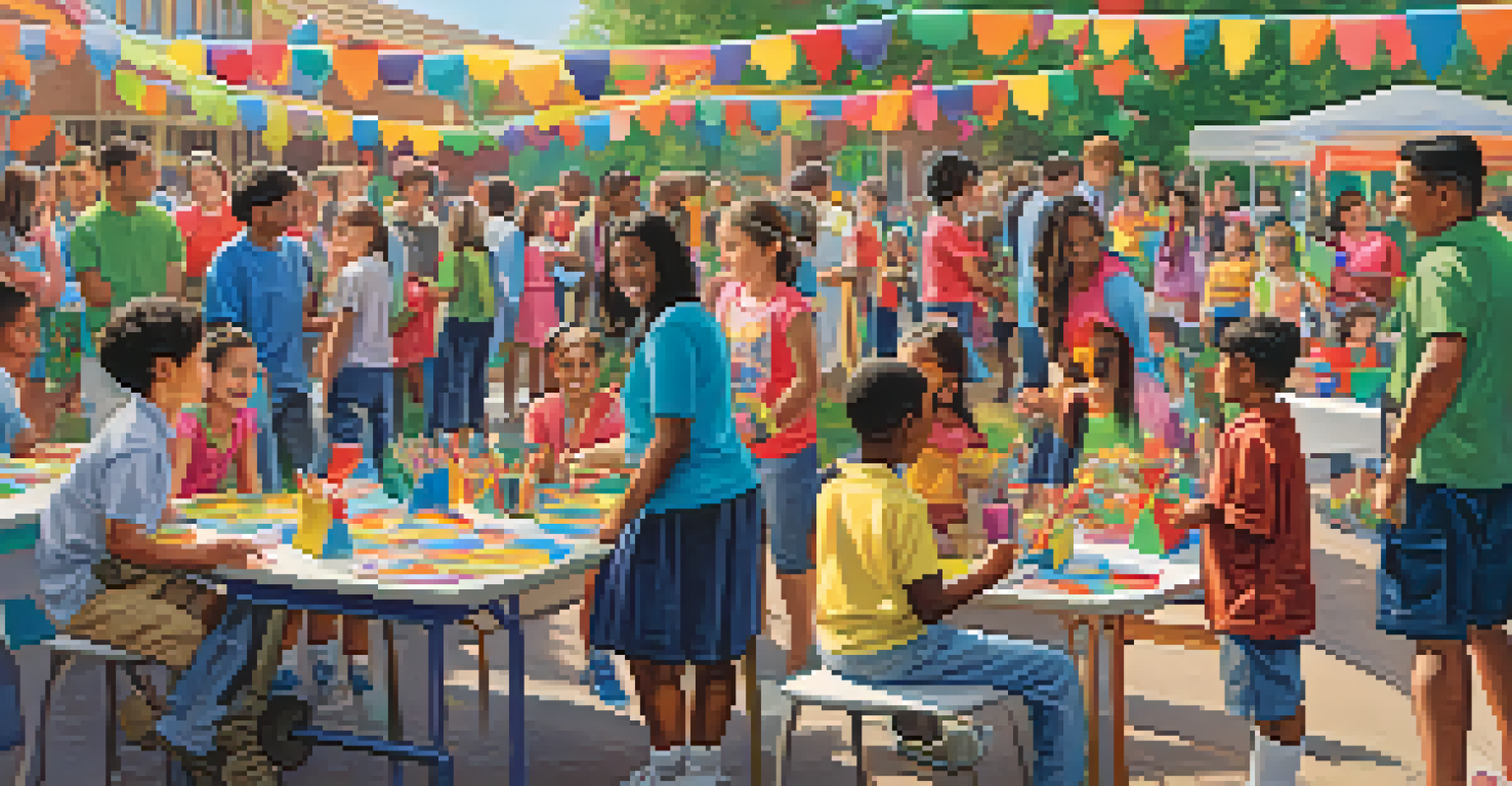 Parents and children at a school event, interacting with teachers and showcasing projects in a colorful environment.