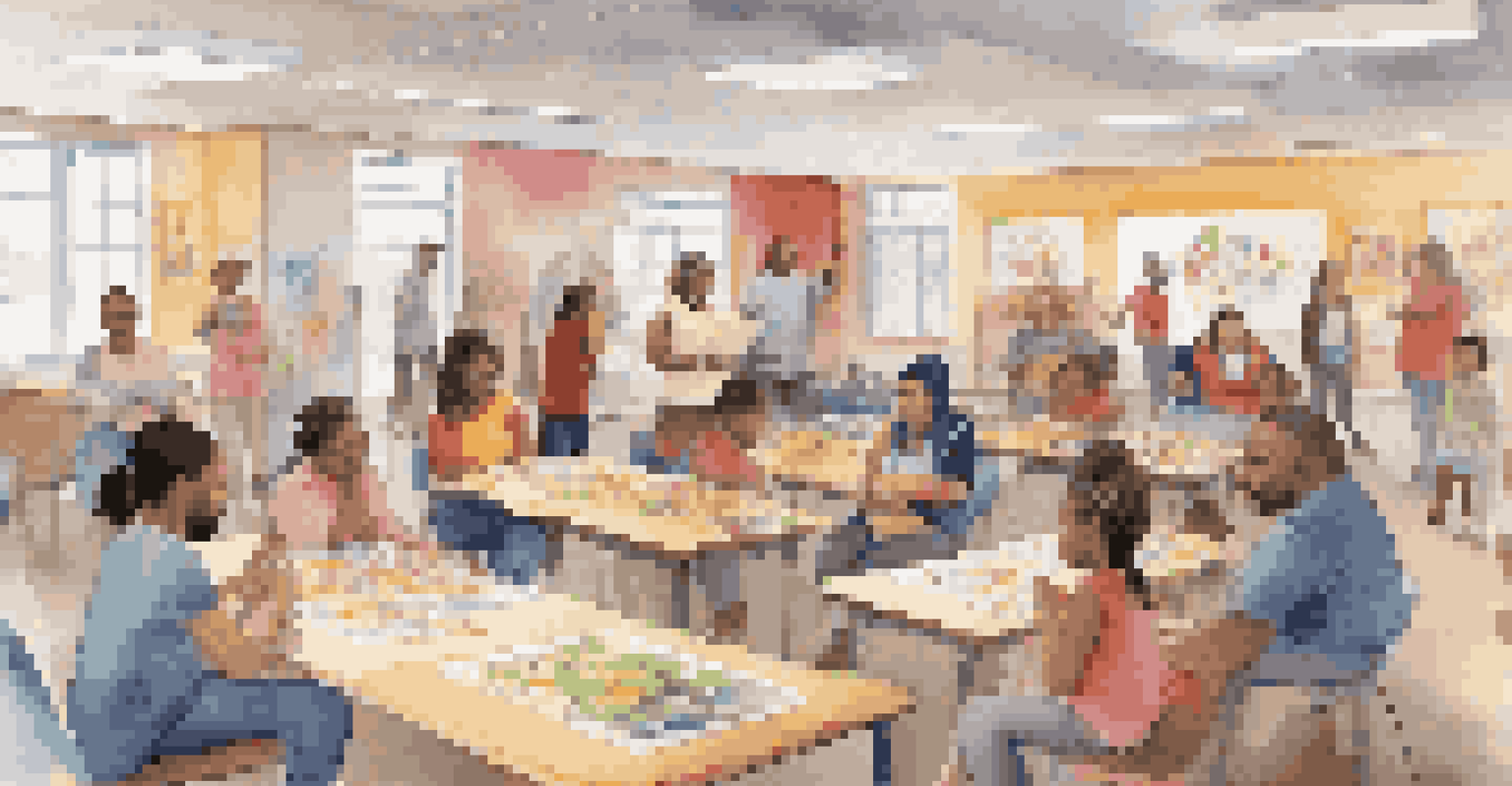 A family workshop with parents and children engaging in activities about emotional literacy in a colorful community center.