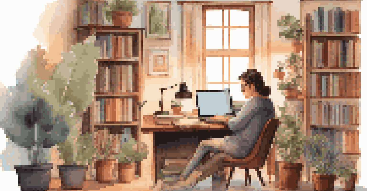 An adult learner studying online at home in a cozy setting, with books and a laptop, emphasizing the importance of lifelong learning.