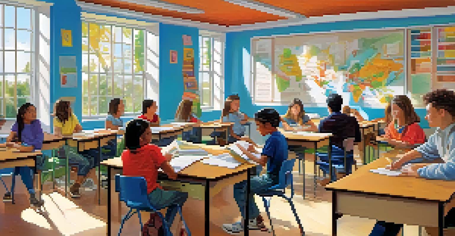 A classroom with students engaged in group discussions, a teacher facilitating, and colorful educational materials on the walls.