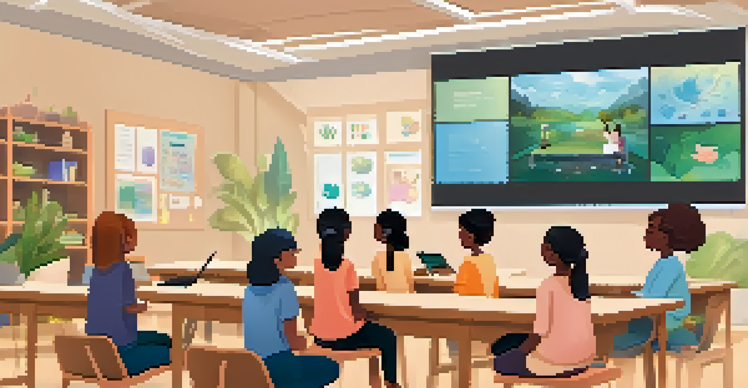 An online classroom setting with a teacher leading a mindfulness session, displaying a calming nature background and engaged students.