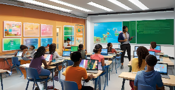 A vibrant classroom with diverse students using technology for learning, with a teacher leading a discussion.