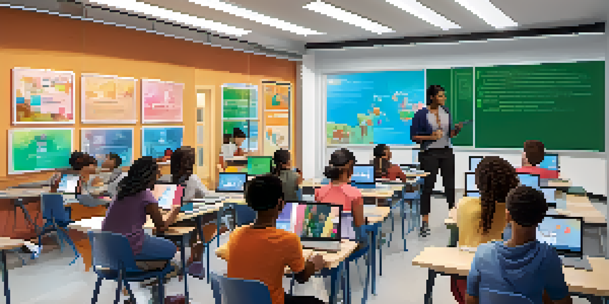 A vibrant classroom with diverse students using technology for learning, with a teacher leading a discussion.