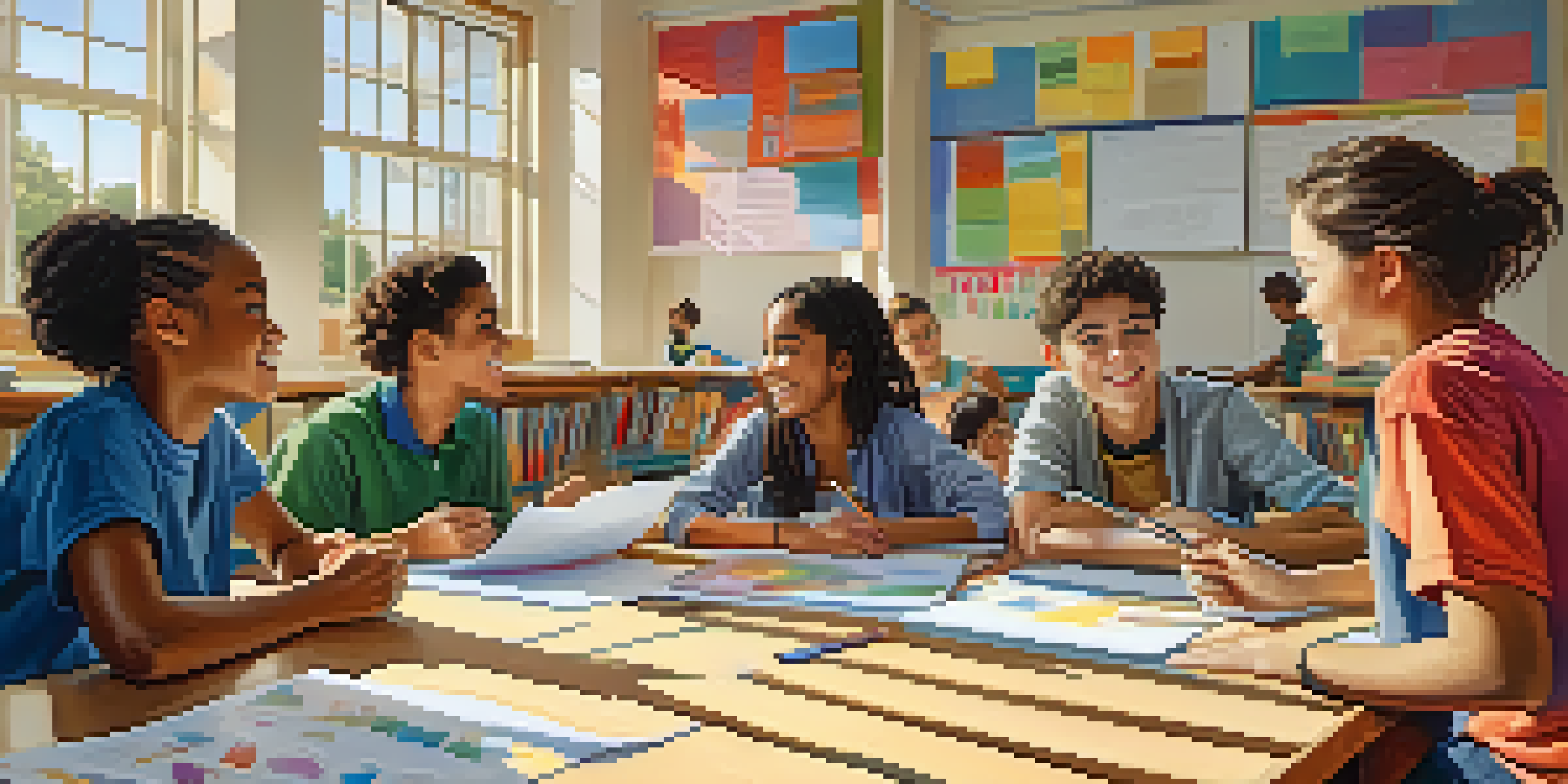 A diverse group of students actively participating in a classroom discussion, surrounded by educational materials and natural light.
