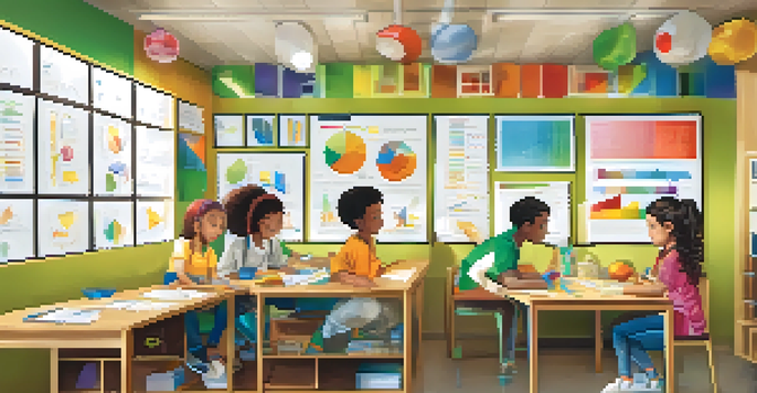 A classroom filled with students of different learning styles; one studying charts, another in a group discussion, and a third conducting a science experiment.