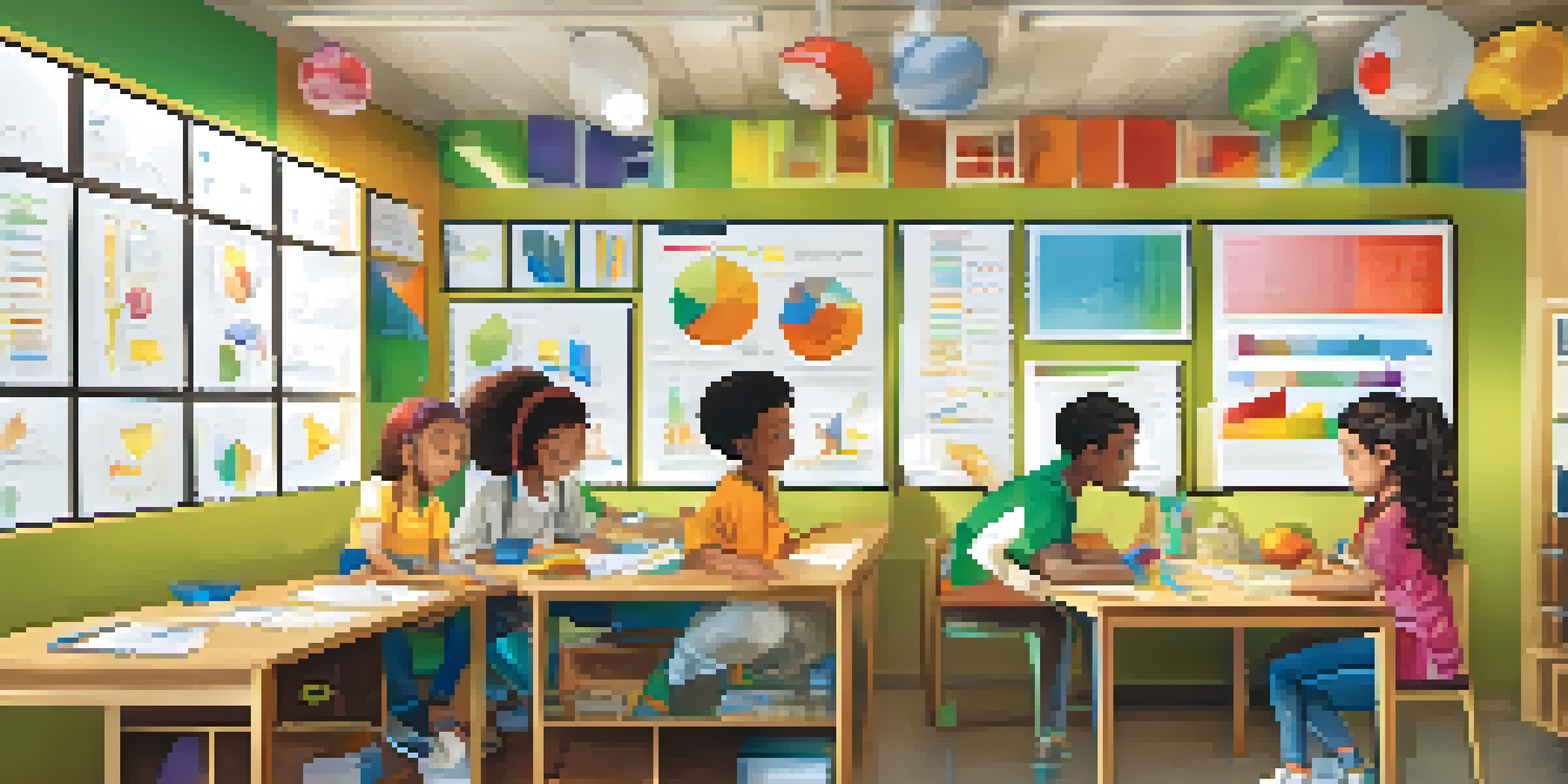 A classroom filled with students of different learning styles; one studying charts, another in a group discussion, and a third conducting a science experiment.