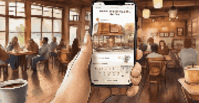 A person engaged with a microlearning app in a coffee shop, surrounded by a warm atmosphere with soft lighting.