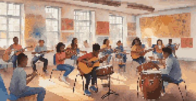 A diverse group of students in a bright classroom, collaborating on music with various instruments, surrounded by cultural posters.