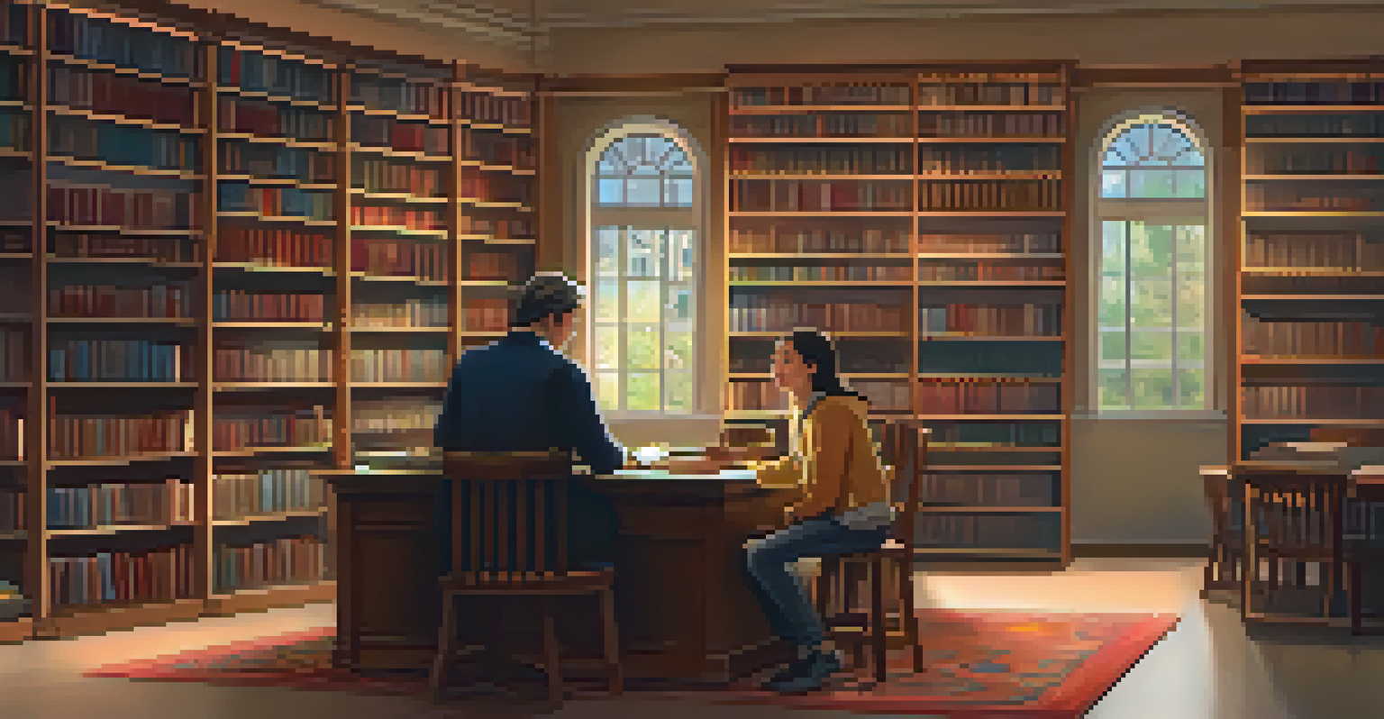 A caring teacher speaking with a student in a cozy library filled with books, showing empathy and support.