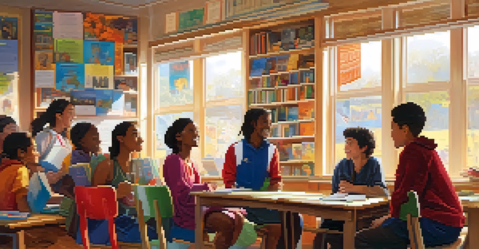 A classroom filled with diverse students discussing cultural stories, surrounded by colorful educational materials and sunlight streaming in through the windows.