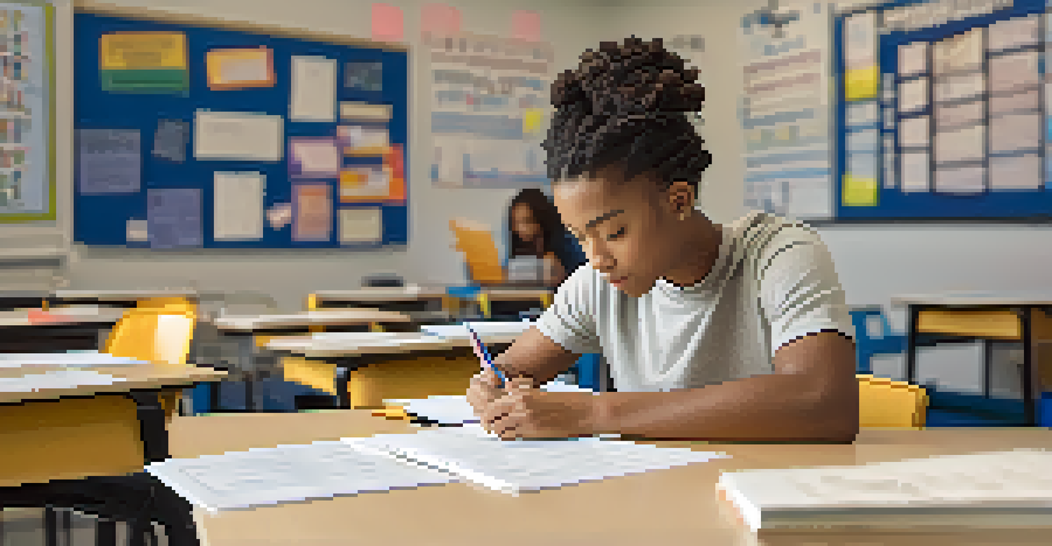 A young adult in a modern classroom, writing in a journal at a desk, surrounded by educational posters and a whiteboard.