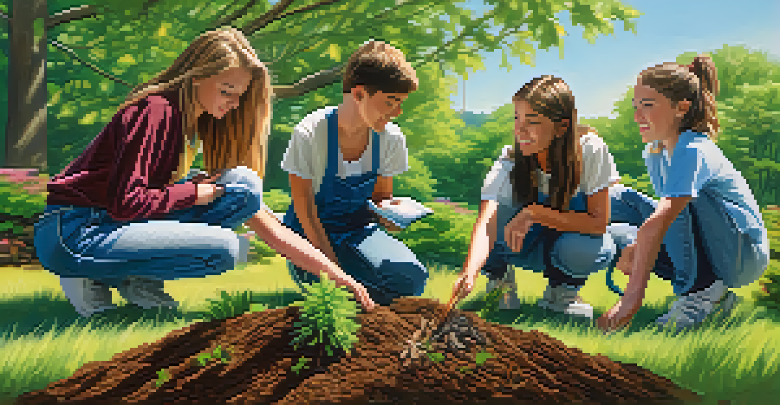Students planting trees outdoors, engaging in an environmental science project with greenery around them.
