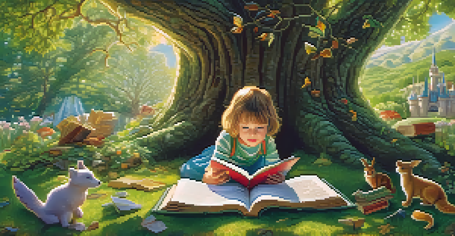 A child immersed in a storybook, surrounded by colorful illustrations of fairies and dragons under a tree.