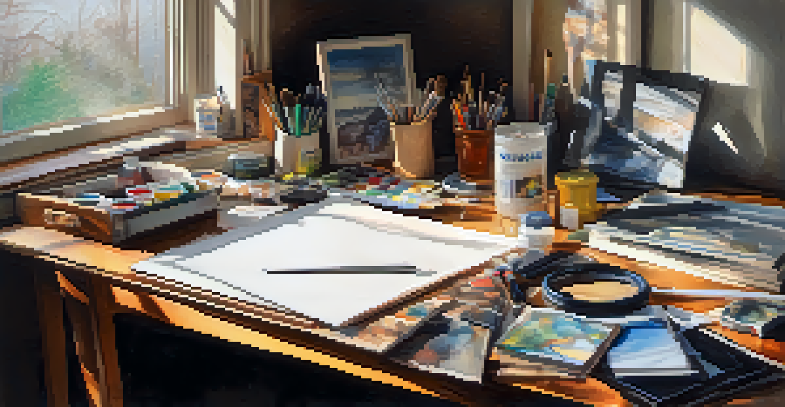 An artist's desk filled with watercolor paints, a digital tablet, and photographs, bathed in soft natural light.