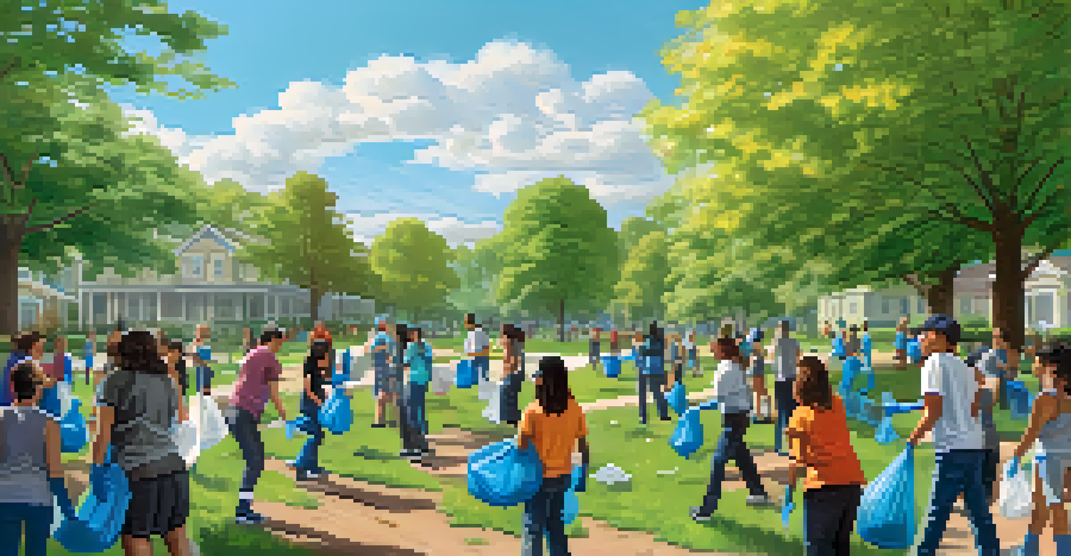 Students and community members participating in a clean-up event in a park, picking up litter together on a sunny day.