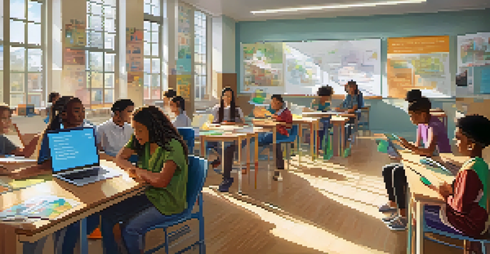 A bright and inclusive classroom with diverse students using AI learning tools, collaborating in groups and a teacher guiding them.