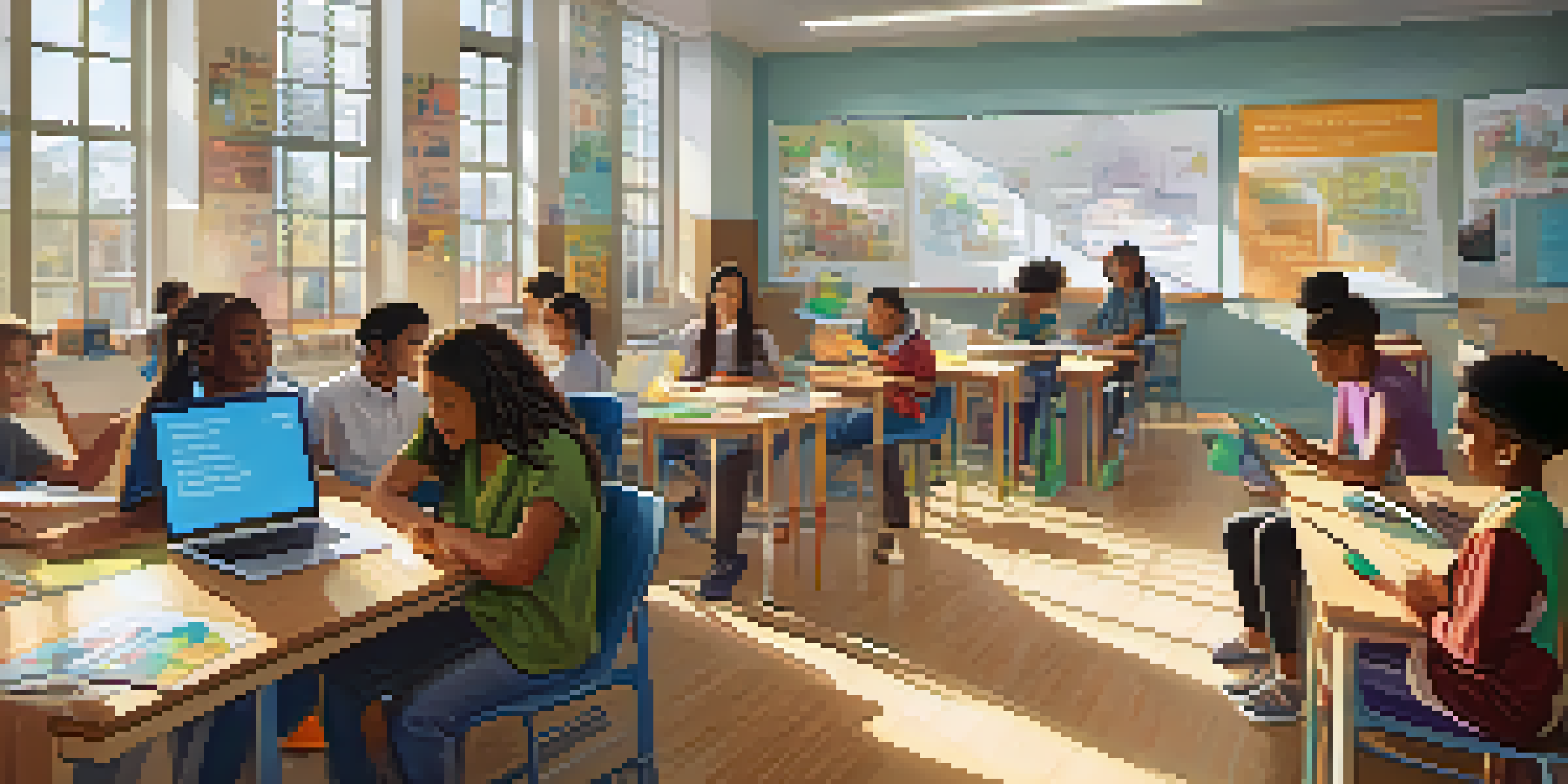 A bright and inclusive classroom with diverse students using AI learning tools, collaborating in groups and a teacher guiding them.
