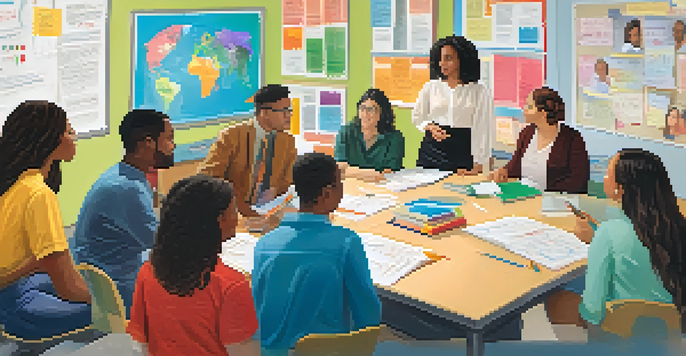 A diverse group of teachers collaborating in a bright classroom with educational posters and a whiteboard.