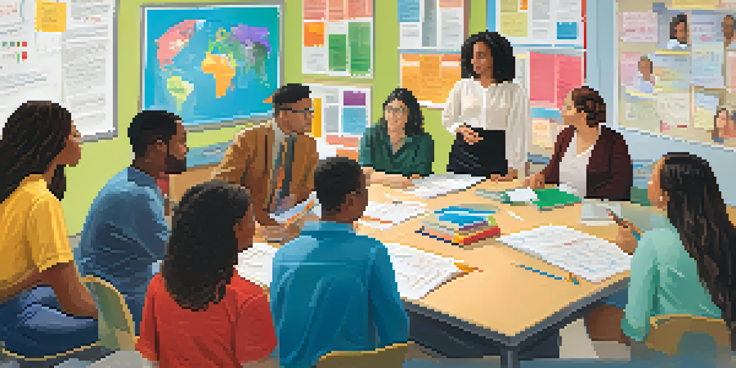 A diverse group of teachers collaborating in a bright classroom with educational posters and a whiteboard.