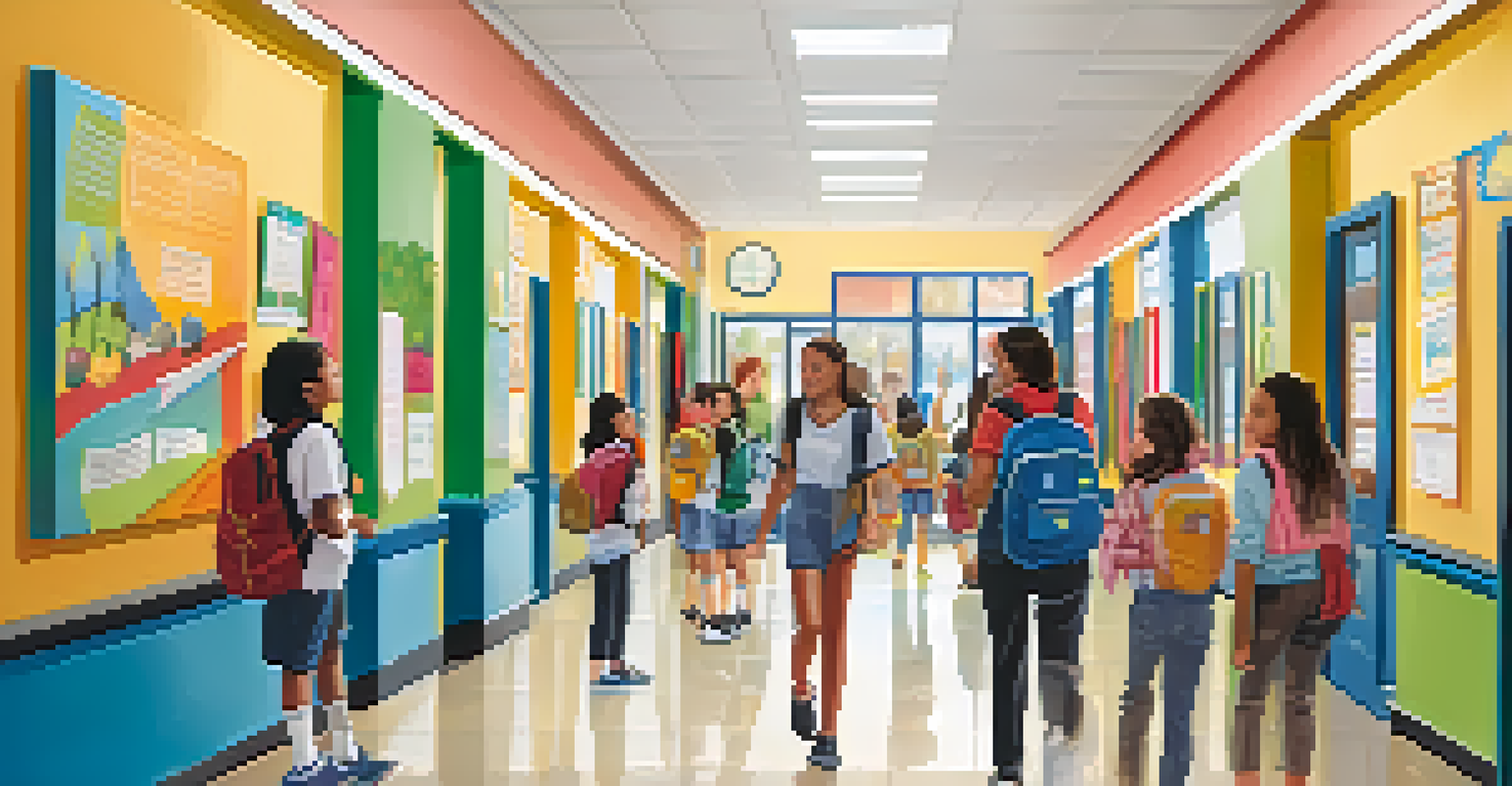 A lively school hallway filled with students interacting and sharing smiles, with colorful artwork and inspiring quotes decorating the walls, creating a vibrant atmosphere.