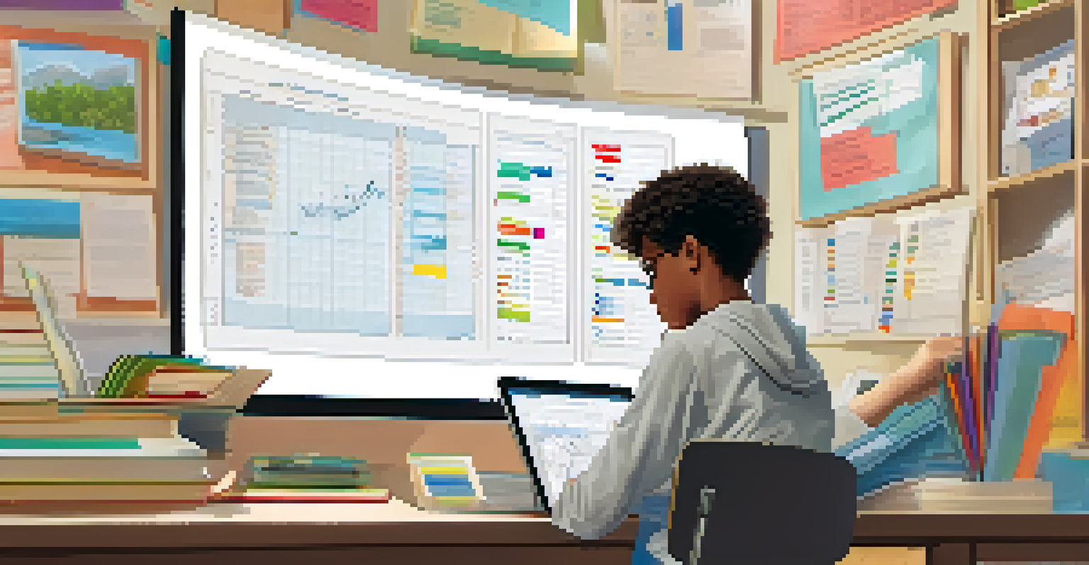 A student at a desk using a digital device for self-assessment, surrounded by educational materials and motivational quotes on the wall.