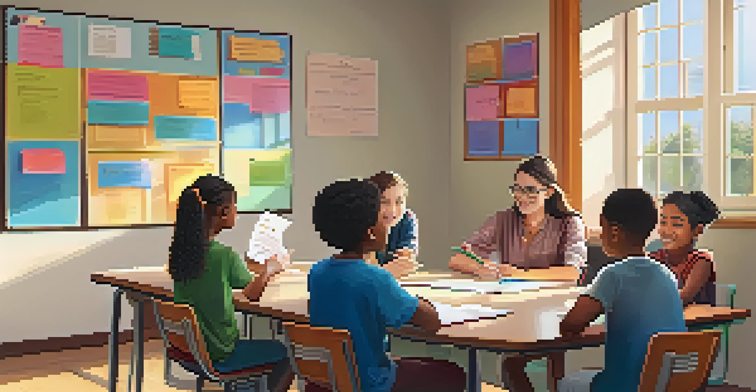 A teacher engaging with students at a round table, focused on their learning goals in a well-decorated classroom.