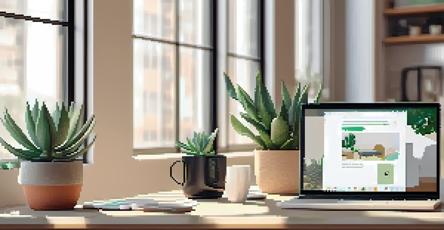 A modern workspace with a laptop showing social media privacy settings, a succulent plant, and a coffee mug, illuminated by natural light.
