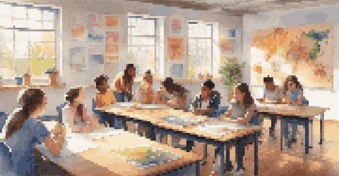 A classroom filled with students collaborating on a project while watching a video on a laptop, surrounded by colorful educational posters and sunlight coming through the windows.