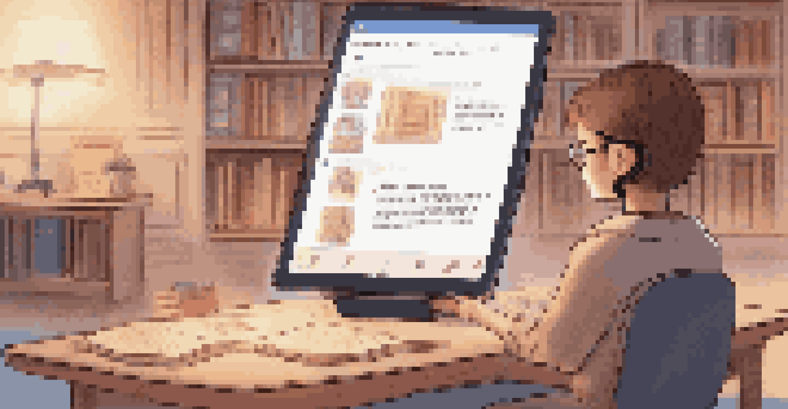 A student engaging with a chatbot on a tablet in a cozy study space filled with books and illuminated by soft lighting.