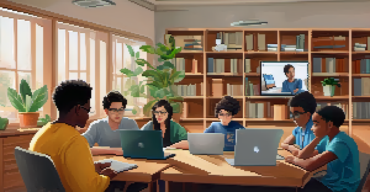 A group of students in a virtual classroom, focused on their laptops during a digital assessment.