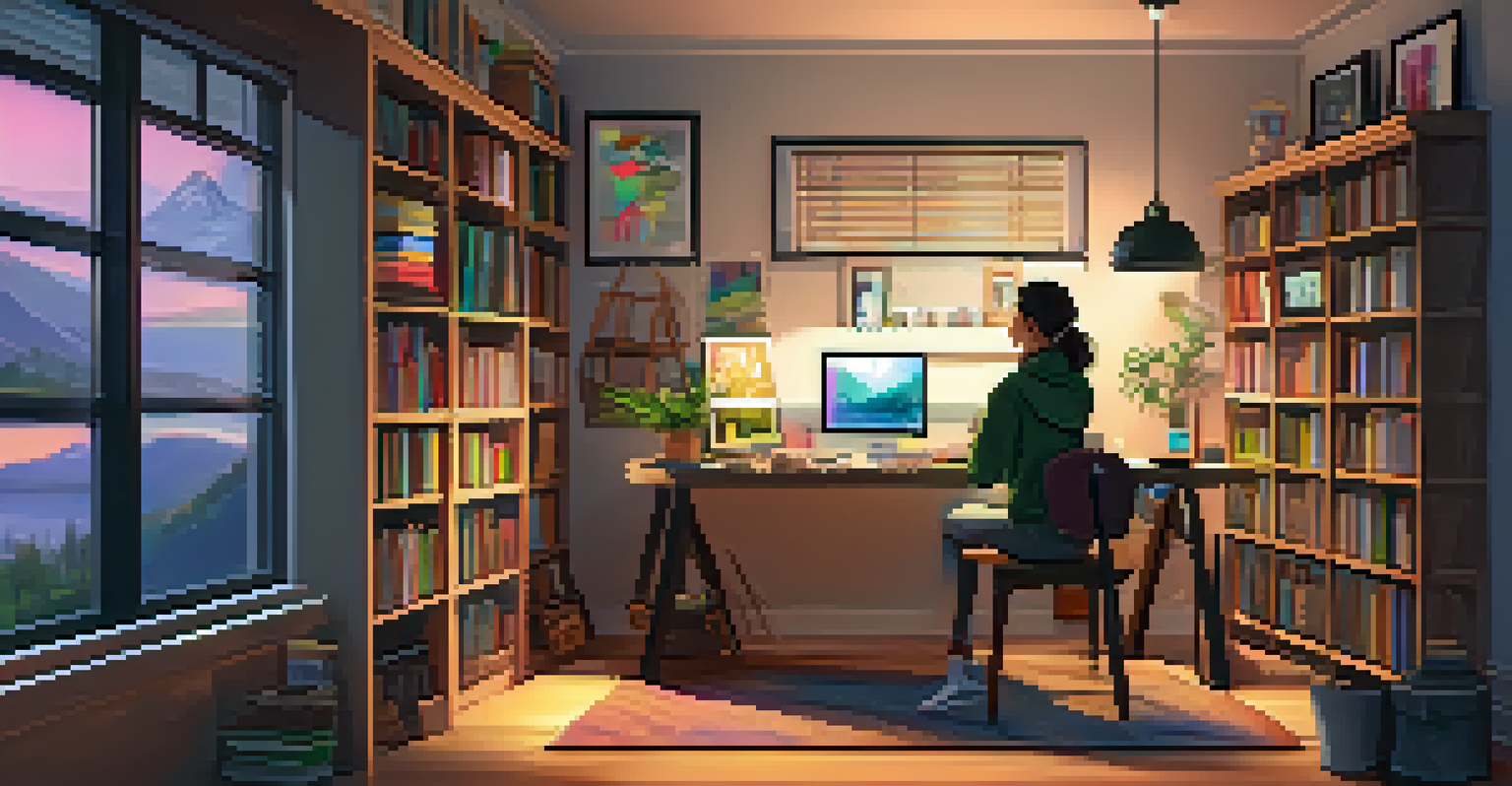 A student working on a digital presentation in a cozy study area.