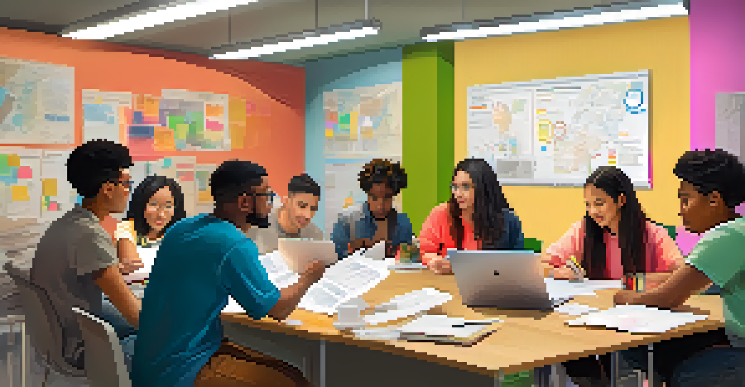 A diverse group of students collaborating on a project together at a table with laptops and papers.
