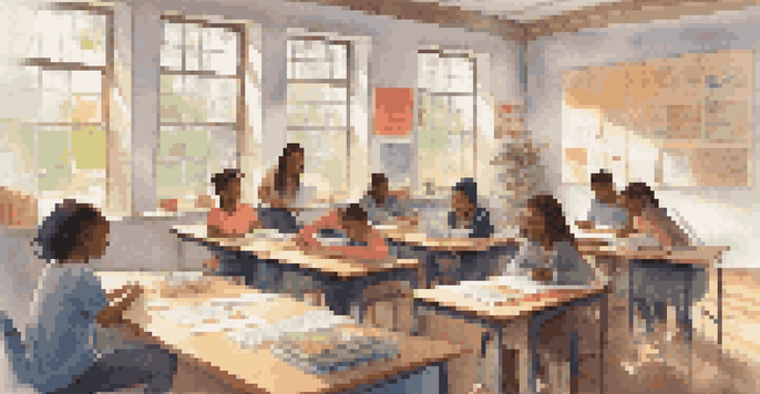 A classroom with diverse students actively participating in a learning activity, surrounded by natural light and educational decor.