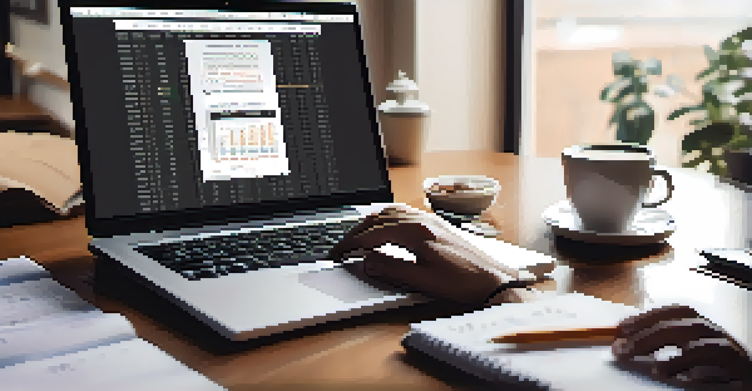 Close-up of hands writing a business plan with a laptop displaying a financial spreadsheet in a cozy home office.