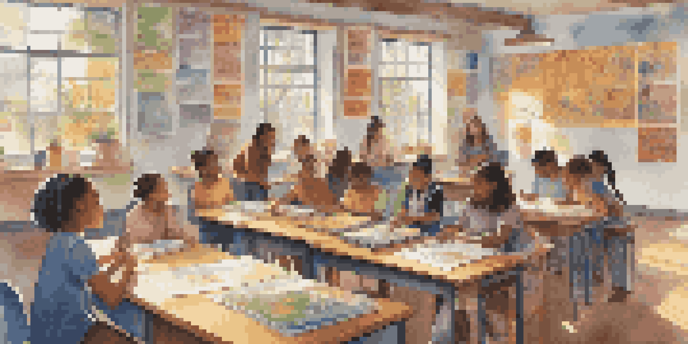 A diverse group of students working together in a brightly lit classroom, surrounded by cultural posters and art supplies.