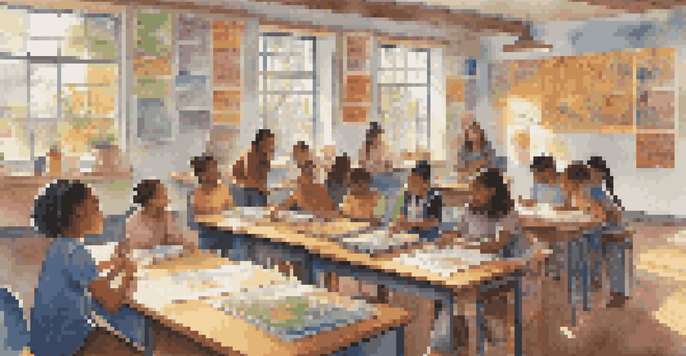 A diverse group of students working together in a brightly lit classroom, surrounded by cultural posters and art supplies.