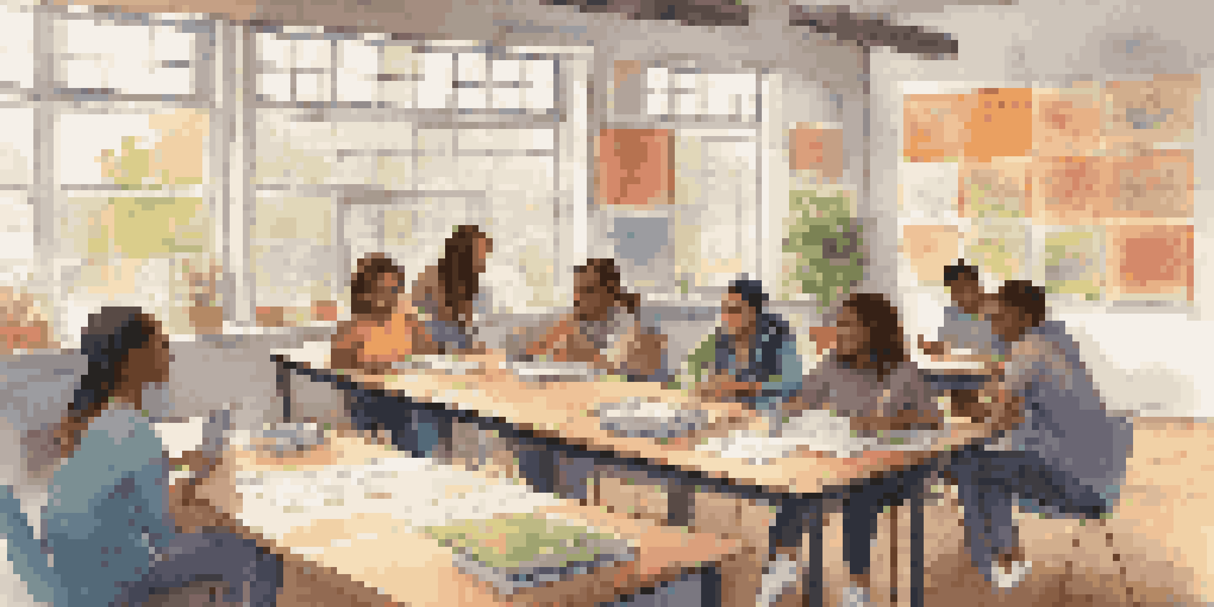 A classroom filled with students discussing and collaborating on a project, guided by a mentor. The room is bright and colorful, with warm lighting.