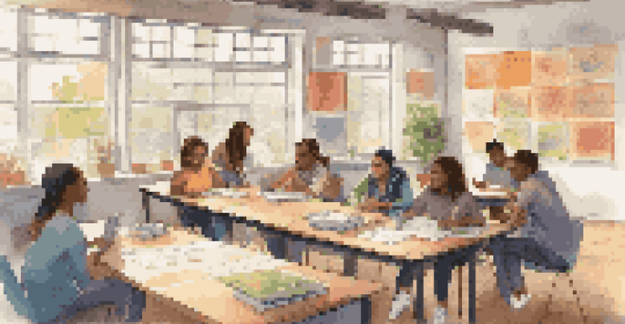 A classroom filled with students discussing and collaborating on a project, guided by a mentor. The room is bright and colorful, with warm lighting.