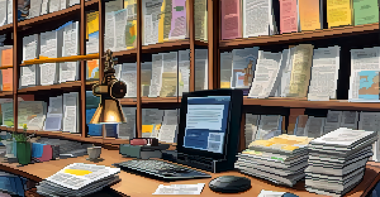 An individual at a desk analyzing information on a computer, surrounded by sticky notes with questions about credibility, in a warm and cozy workspace.