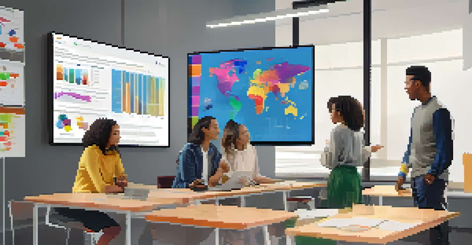 A teacher and students reviewing project data on a digital screen, surrounded by a modern classroom environment.