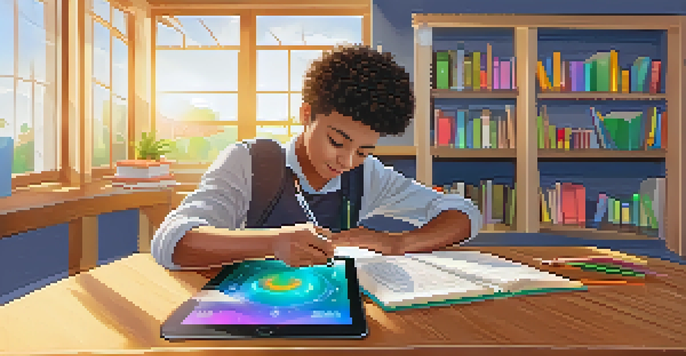 A student engaging with a tablet in a well-lit study room, focused on an interactive quiz.