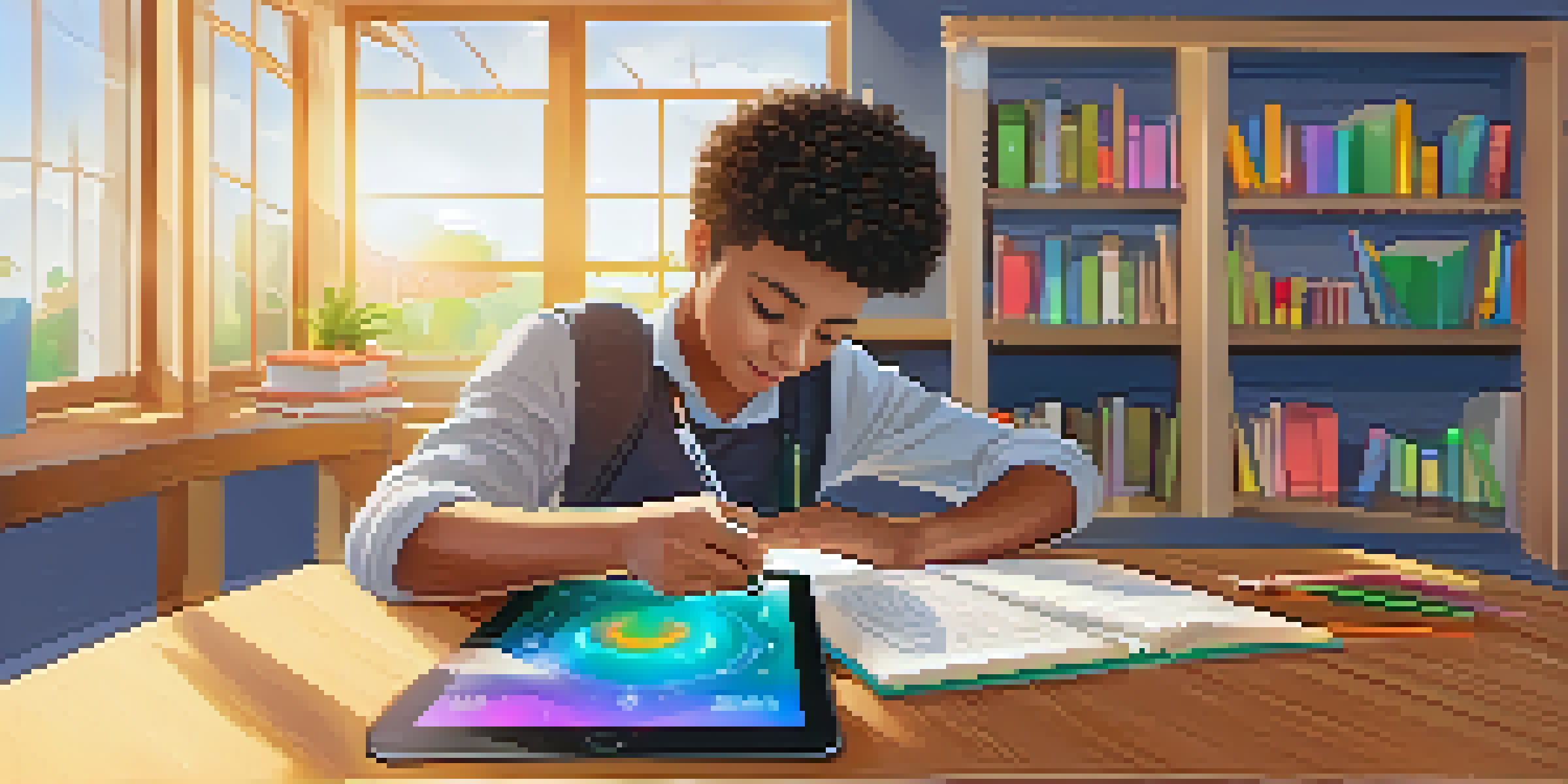 A student engaging with a tablet in a well-lit study room, focused on an interactive quiz.